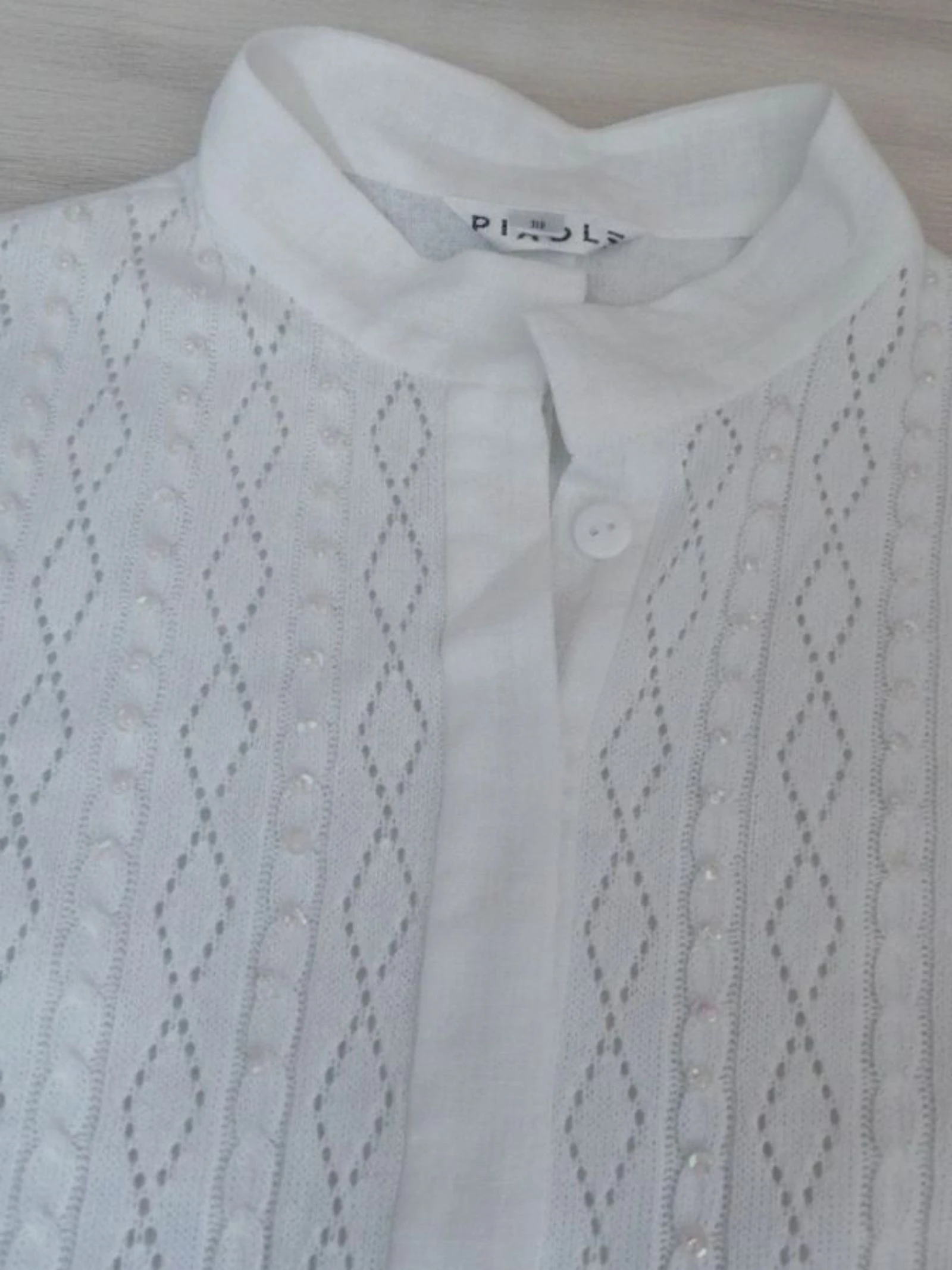 White Pointelle Knit Korte Mouw Cardigan Top M met Openwerk in de Hals – photo 3